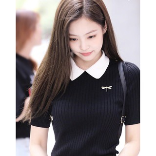 Blackpink Jennie V Neck Knitted POLO crop tops เสื้อเชิ้ตแขนสั้นเกาหลีสดบาง ๆ Short Sleeve Top เสื้อยืดผู้หญิง