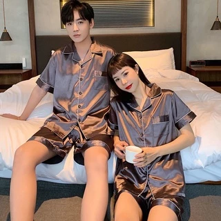 🍁2111🍁 ชุดนอนผ้าซาตินเสื้อแขนสั้น+กางเกงขาสั้น สีพื้น ไซส์ M-2XL ใส่ได้ทั้งชายและหญิง