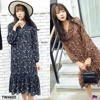 TwinsShopVip💗พร้อมส่ง TW4605 เดรสลายดอกแต่งระบาย floral print dress