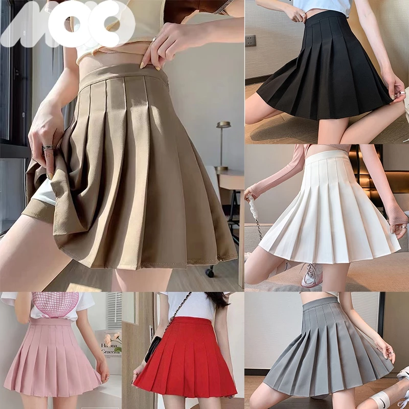 XS-3XL สไตล์เกาหลีกระโปรงเทนนิสสูงสีพื้นกระโปรงสั้น