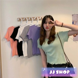 JJ Shop💜พร้อมส่ง เสื้อไหมพรมแขนสั้น ระบายหยัก สีพาสเทล​สุดคิ้ว "83005"