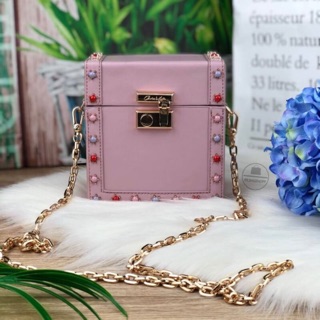 CHARLES &amp; KEITH EMBELLISHED LEATHER BOXY BAG สีชมพู