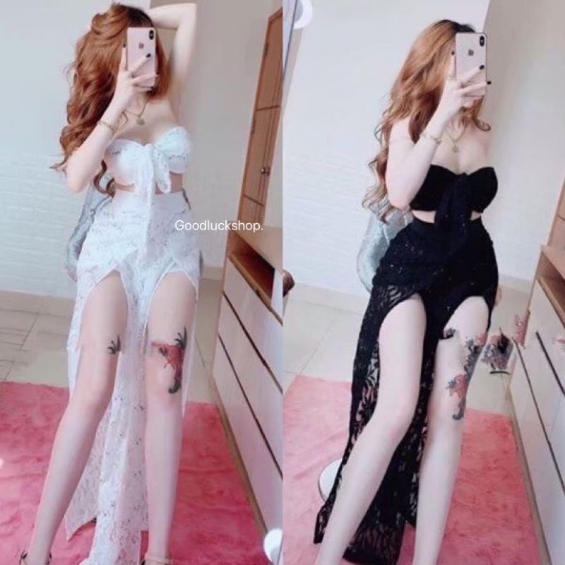 ชุดเซ็ท2ชิ้น เซ็ทลูกไม้ เสื้อเกาะอก+กระโปรงแหวก ชุดใส่ไปทะเล ใส่ไปคาเฟ่