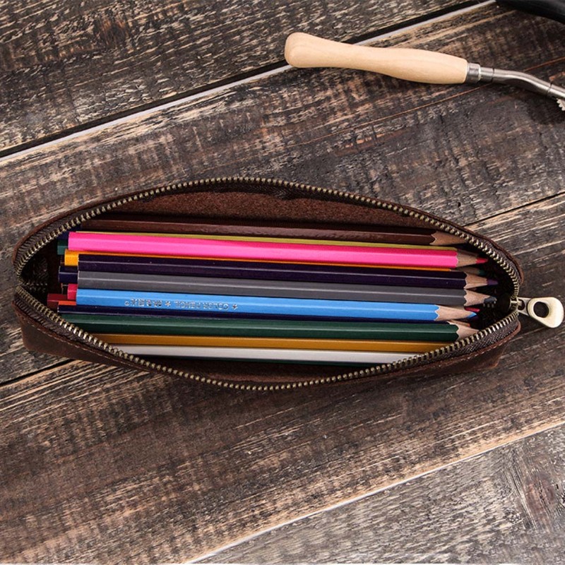 ST Retro Cowhide Leather Zipper Pencil Case Business School Office Pen ...