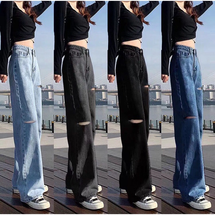สินค้าขายดี Jeans #565ไซส์ S-3XL กางเกงยีนส์เอวสูง มี 4 สี กางเกงขากว้าง ขาด กางเกงยีนส์พลัสไซส์ สวยเก๋