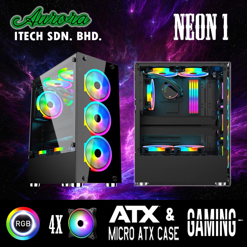 ( GAMING DIY CASING ) ATX GAMING CASING PC NEON 1 พร้อม RGB / ARGB FAN , MOTHERBOARD ATX / MICRO - A
