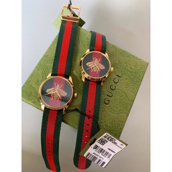 🦋สินค้าพร้อมส่ง🦋  New🤍Gucci Watch 🐝  ผึ้งขอบทอง ขนาด 38mm.  สายไนลอนเขียว-แดง unisex 🇮🇹 มีใบรับประกัน 2 ปี