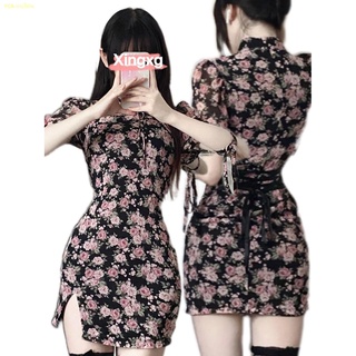 🍭คะนอง🍭2022 ใหม่ ดอกไม้บดสีดำ สายหวาน กรีด cheongsam ที่ปรับปรุงแล้ว