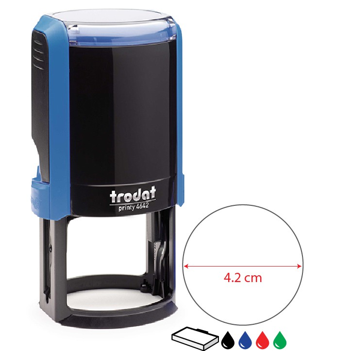 ตรายางวงกลมหมึกในตัว trodat ขนาด 4.5 cm, 4.2 cm, 3.8 cm, 3 cm, 2.5 cm  สั่งทำใส่ข้อความ หรือโลโก้ ได้ตามต้องการ