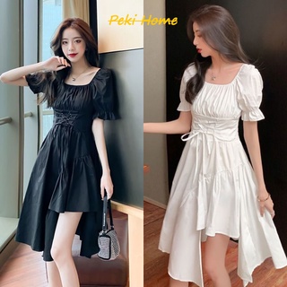 เดรสเอวสูงปล่อยชายยาวแต่งริ้วทรงสวยมาก เดรสสตรีทแต่งถักคอเหลี่ยมแขนตุ๊กตาน่ารัก เดรสผ้าใส่สบายราคาโปรโมชั่นพร้อมส่ง