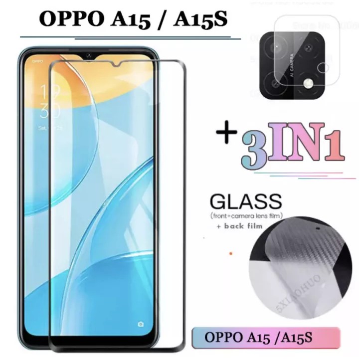 3in1 For OPPO A15 / A15S ฟิล์มเลนส์กล้อง + ฟิล์มกระจกเต็มจอ+ ฟิล์มหลัง ฟิล์มกันกระแทกขอบดำ