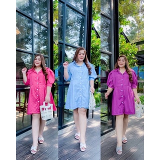 Size up เดรส สาวอวบ เดรสเชิ้ตสั้น แขนพอง อก 50” Bigsize Oversize