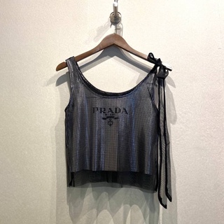 PRADA MILANO SILVER METALLIC ONE SHOULDER BOW TIE MESH VEST เสื้อสายเดี่ยว เสื้อกล้าม ปราด้า ตาข่ายสีดำ เงินเมทัลลิค