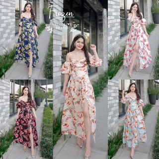 Maxi Dress ปาดไหล่แขนตุ๊กตา ผ้าวูลพีชลายดอกไม้ กระโปรงผ่าหน้า