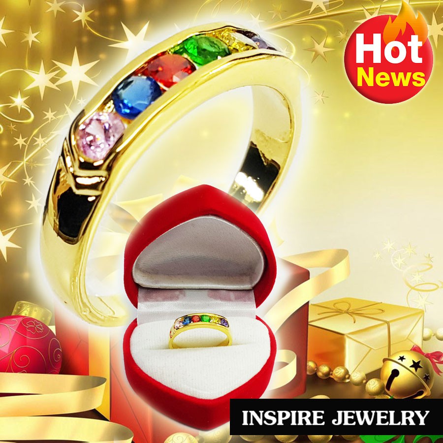 Inspire Jewelry ,แหวนพลอยนพเก้า ฝังล็อคเรียงแถว ตัวเรือน หุ้มทองแท้ 100% 24K สวยหรู  พร้อมกล่องกำมะหยี่
