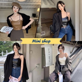 Mini shop🌸พร้อมส่ง🌸 (1998) เสื้อสายเดี่ยวผ้าหนัง ด้านหลังยืดได้ลายลูกไม้