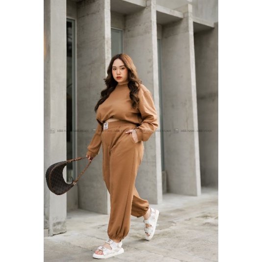 ST71 Plus size สาวอวบอ้วน เซต​ครอปน้ำตาล ปังมาก ! airport look เซตเสื้อครอปนิด ๆ ยางยืดช่วงปลายเสื้อ