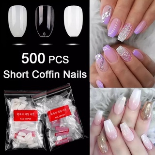 🇹🇭เล็บปลอม เล็บพีวีซี เล็บคอฟฟินสั้น Short Coffin Nails Full Cover Ballerina False Nails Art