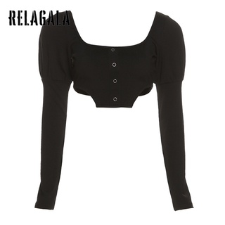 Relagala เสื้อคาร์ดิแกน แขนยาว คอสี่เหลี่ยม เข้ารูป สีพื้น สําหรับผู้หญิง