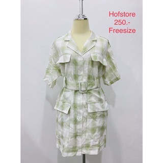 เดรสสั้น สีเขียวขาว เข็มขัดใหญ่ HOFSTORE FREESIZE