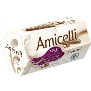 Amicelli Hazelnut Cream filled Milk Chocolate Wafer Rolls สอดไส้ครีมเฮเซลนัทเคลือบช็อกโกแลต 1กล่องมี18ชิ้นขนาด225g