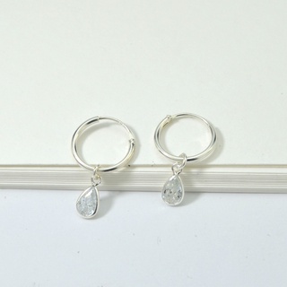 925 Sterling Silver CZ White Teardrop Charm Hoop Earringsต่างหูห่วงทรงหยดน้ำเงินแท้925ขนาดไซร์Size: 12mm W x 21 mm H