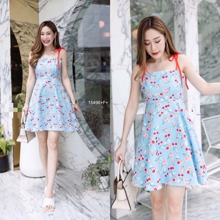 TW15496 Mini dress ลายเชอรี่ ผูกไหล่แบบผูกเอง มีสม๊อคด้านหลัง มีซิปข้าง มีซับด้านใน งานผ้าไหมอิตาลี พิมพ์ลาย