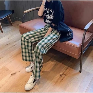 🚀ถูกที่สุด 30สี กางเกงลายสก็อต สไตล์เกาหลี ผู้หญิงเอวสูงยางยืด โอเวอร์ไซต์ทรงกระบอก #355