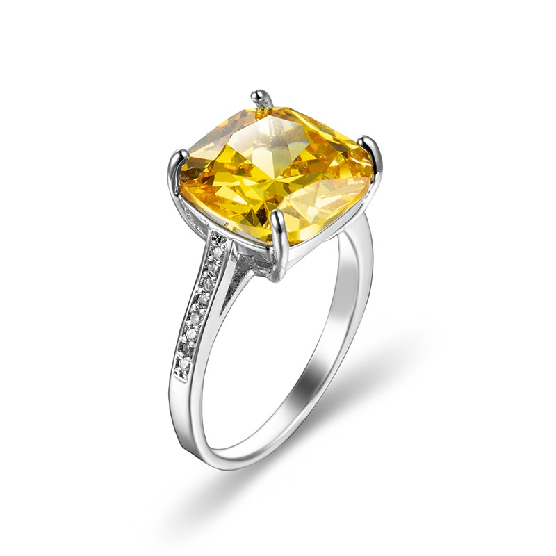 หรูหราเจ้าหญิงตัด AAAAA สีเหลืองขนาดใหญ่ CZ solid 925 แหวนเงินแท้ Micro Paved Clear Zircon ผู้หญิงแหวนหมั้น