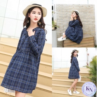 🎏Korea NEW ชุดเดรสแขนยาว ทรงน่ารักสไตล์เกาหลี ลายสก็อต
