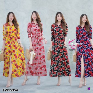 MF15354 Maxi Dress แม็กซี่เดรสแขนยาว ติดกระดุมผ่าด้านหน้า คอเดรสเป็นคอปกเช็ต งานสวยเป๊ะ เอวผูกเชือกเก็บทรง เนื้อผ้าไหม ล