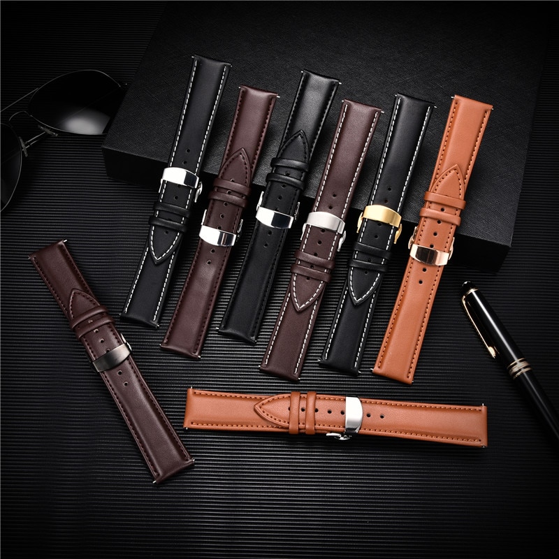 Smooth Genuine Calfskin Leather Watchband 18mm 20mm 22mm Straps with Solid Automatic Butterfly Buckle Business Watch Band