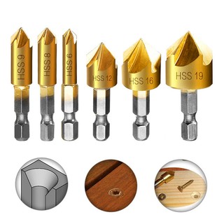 6 ชิ้น 5 ขลุ่ยไฮสปีด Countersink ขูดสว่าน 1/4 HEX S hank ไทเทเนียมเคลือบแกนไม้ดอกสว่านบิตอุปกรณ์เครื่องมือไฟฟ้า