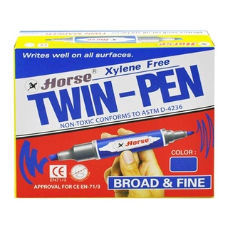 ปากกาเคมี 2หัว ตราม้า สีน้ำเงิน 12ด้าม/กล่อง