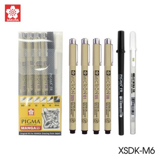 ชุดปากกาพิกม่า Pigma มังงะ Manga 6 ด้าม (พิกม่าและเจลลี่โรล สีขาว) ปากกา sakura pigma รุ่น XSDK-M6 *Made in Japan* 1 ชุด