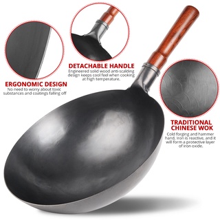 ﹍✜Wok Pan,No Chemical,Chinese Traditional Iron Wok With Detachable Wood Handle,Scratch Resistant Hand Hammered Pan Kitch