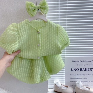 2022 ฤดูร้อนเกาหลี ใหม่ เด็กผู้หญิง เสื้อยืดแขนสั้น สีพื้น + กระโปรง + โบว์ ชุดสามชิ้น