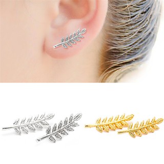 ต่างหูใบไม้ สไตล์วินเทจ สำหรับผู้หญิง simple tree leaf alloy U-shaped ear clip earrings Bohemian ethnic style feather earrings