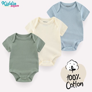 Kiddiezoom ชุดจั๊มสูทรอมเปอร์ บอดี้สูท แขนสั้น ผ้าฝ้าย 100% ระบายอากาศ สีพื้น ฤดูร้อน สําหรับเด็กทารกแรกเกิดผู้หญิง 3 ชิ้น