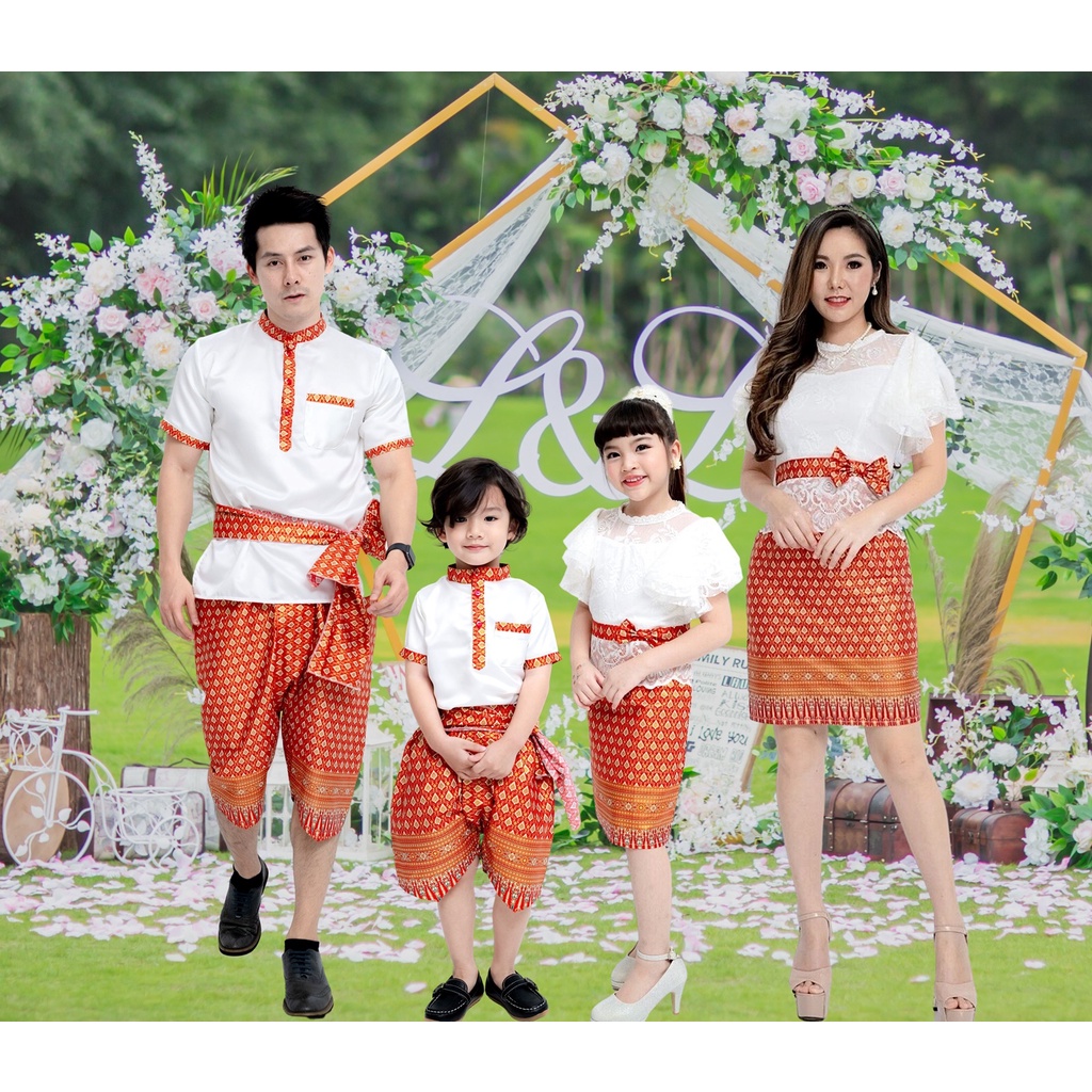 ชุดไทยประยุกต์  Mae Mali ขาว-แดง ชุดไทย เด็กหญิง ผู้หญิง คู่แม่ลูก เดรสไทย เดรสลูกไม้ Thai Dress