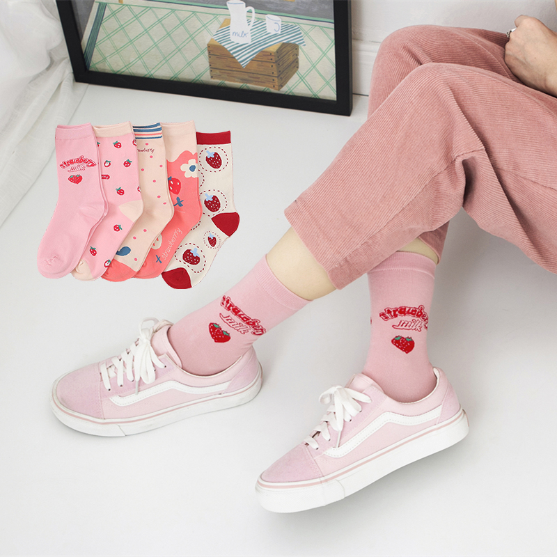 Funny Strawberry Kawaii Pink Girls Crew Socks Cotton Women Mid Calf Socks Japanese Harajuku Casual S