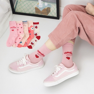 Funny Strawberry Kawaii Pink Girls Crew Socks Cotton Women Mid Calf Socks Japanese Harajuku Casual Soft Flexible Female Socks