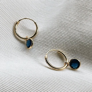 12mm Blue CZ Dangle Hoops, 18K Gold Plated Sterling Silver Earrings E0078 | เงินแท้ 925 ชุบทองเเท้ 18 กะรัต