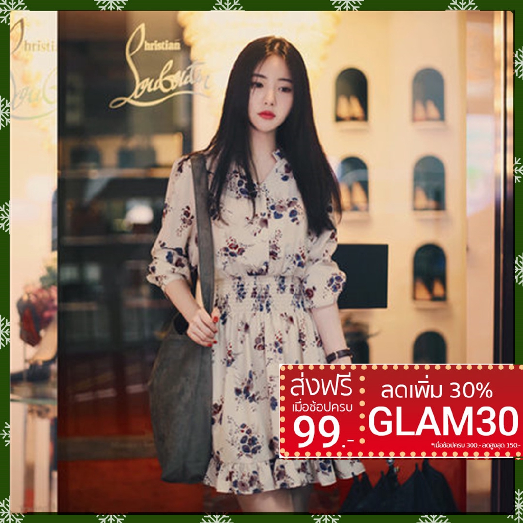 ลด เดรสเกาหลีสุดฮอต หวาน ะเอวเป็นสม็อกยางยืด dress GLAM30