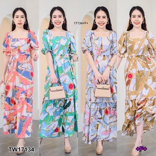 แม็กซี่เดรสคอเหลี่ยมแขนสั้น พิมลาย TT17134 Square neck short sleeve maxi dress