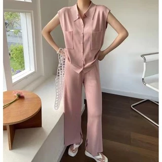 Cicishop(9144)เซตเสื้อแขนกุดคอปก+กางเกงผ้าไหมพรมknit กระดุมผ่ากลางมีดีเทลกระเป๋าตรงอก