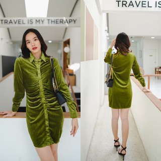 MASS Fashion : เดรสสั้นแขนยาว ออกงาน สีเขียว Dress - Sassy Leafb