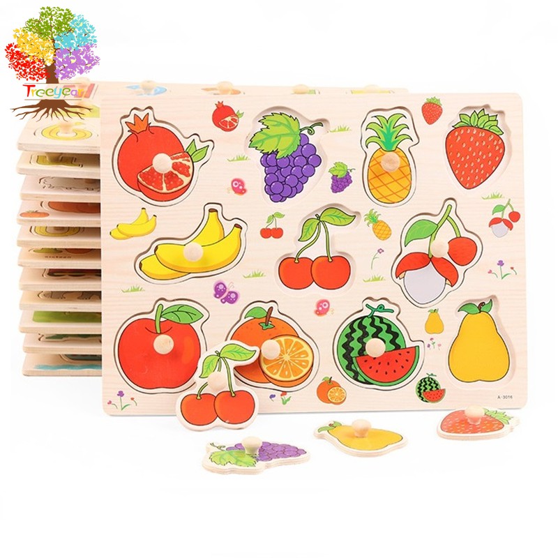 Treeyear ไม้ปริศนาของเล่นเด็กก่อนวัยเรียนสามมิติมือจับคณะกรรมการปริศนาคณะกรรมการปะติดปะต่อเด็กเล็กตัวอักษรตัวเลขผลไม้รูปร่างรูปร่างจับคู่