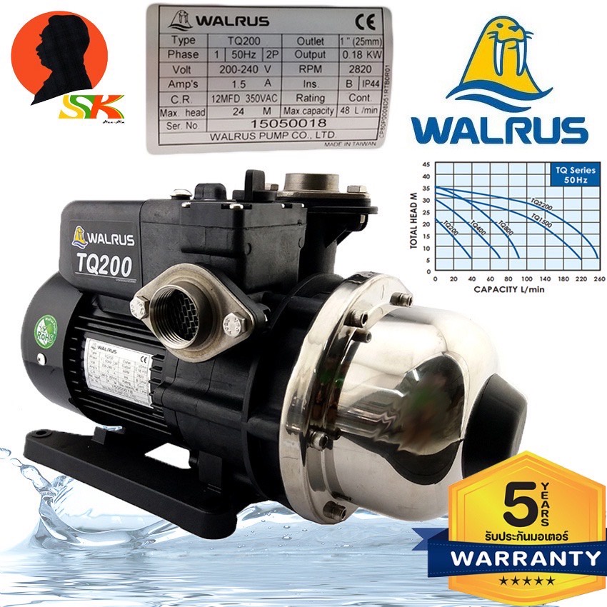 ปั้มน้ำAutomatic Booster Pump แรงดันคงที่ 180W WALRUS รุ่น TQ200 (รับประกันมอเตอร์ 5ปี)