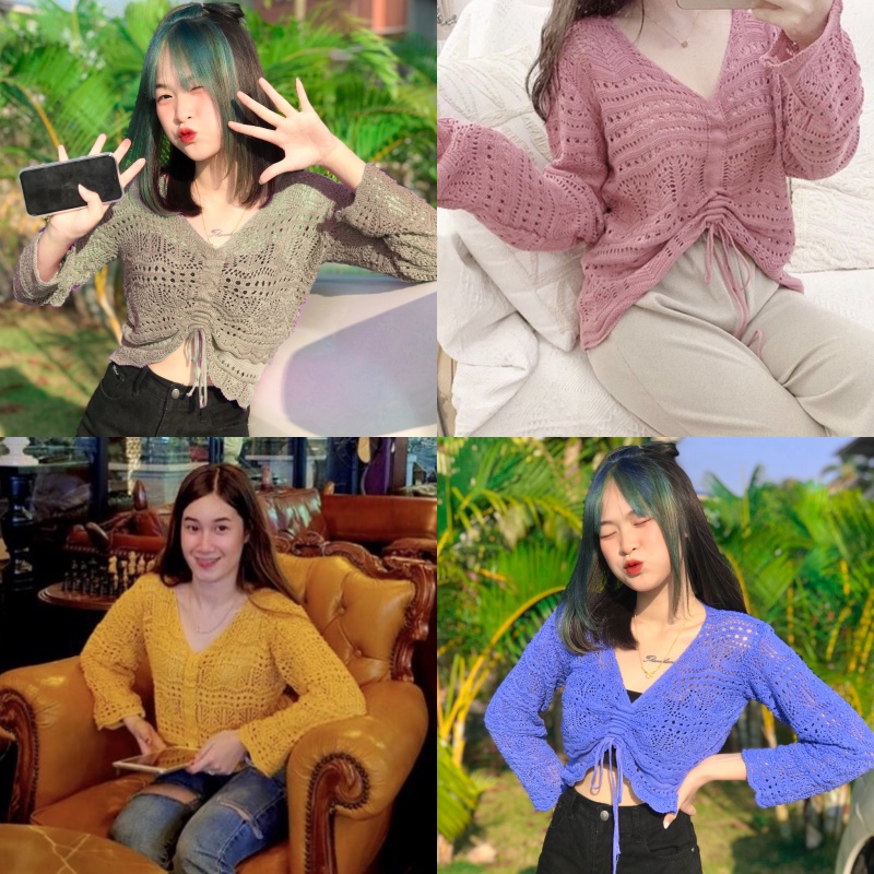 SpinnyHouse เสื้อรูดหน้า ครอป คอวี รูดหน้า แซ่บบบSEXYเต็มร้อยค่าๆๆ รุ่น ถักกล้วยไม้ B-023-3-AA
